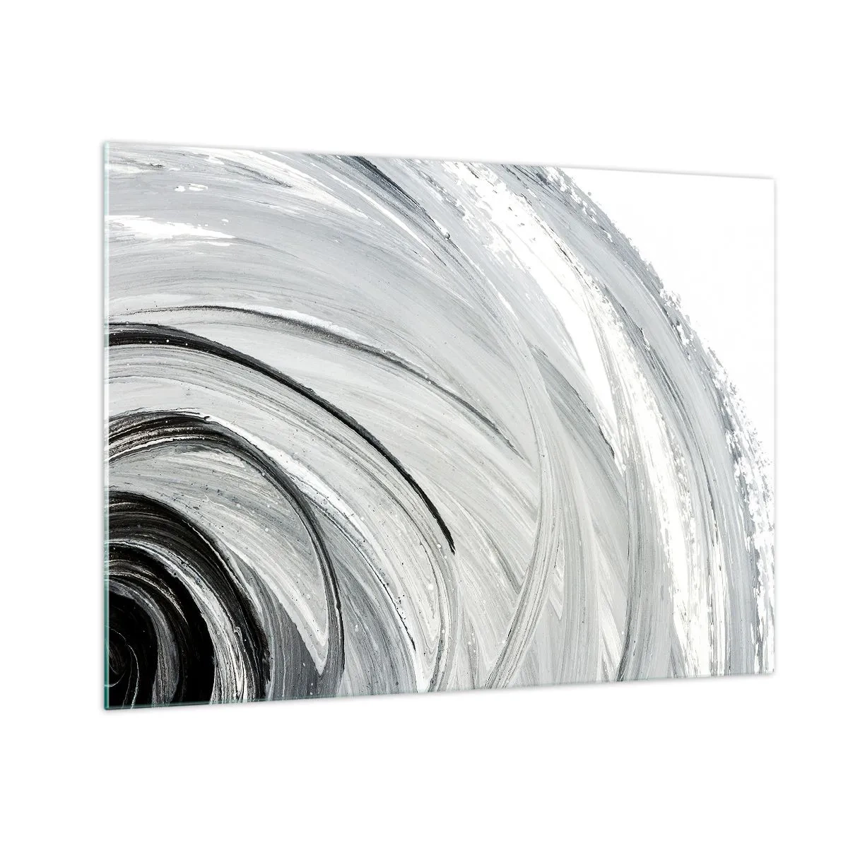 Glastavla - Bild på glas - En svartvit spiral med dynamiska penseldrag. - 70x50cm - Orbital komposition - Modern väggdekoration för vardagsrum och sovrum ARTTOR
