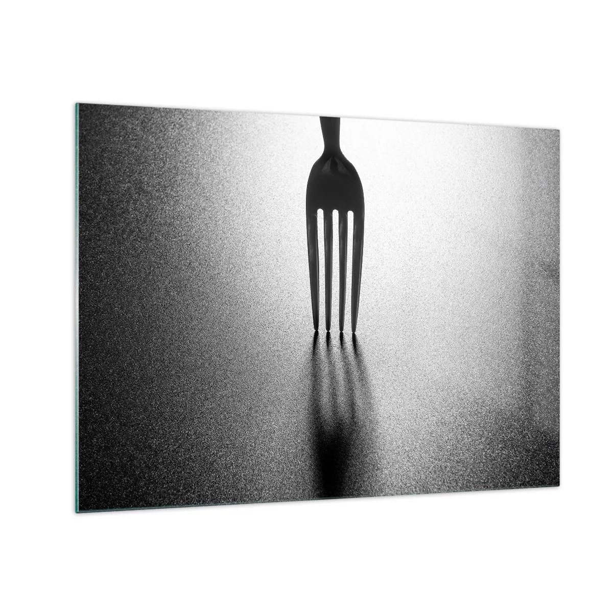 Glastavla - Bild på glas - En gaffel som kastar en skugga i en minimalistisk svartvit komposition - 70x50cm - Ljus och skugga - Modern väggdekoration för vardagsrum och sovrum ARTTOR