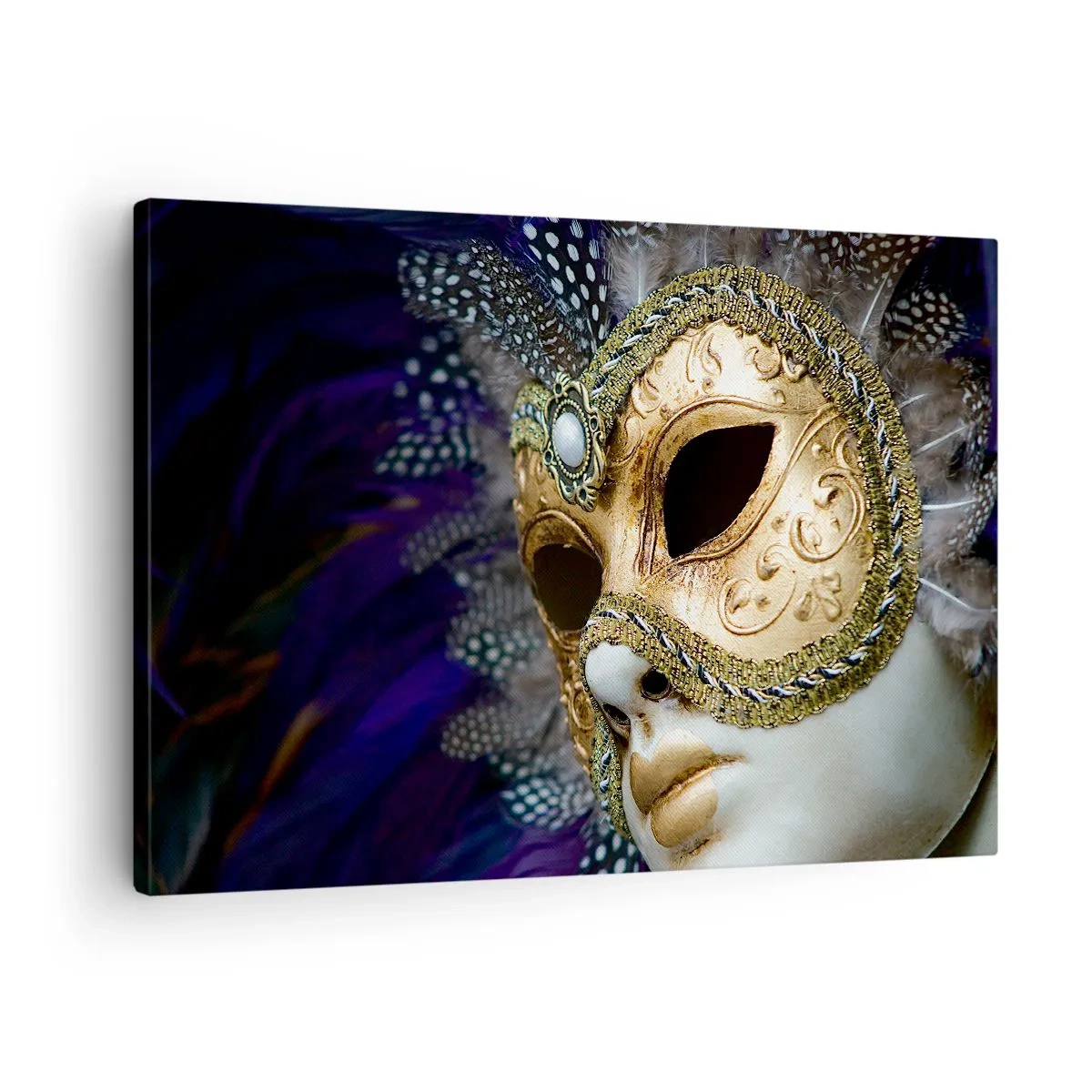 Canvastavla - Bild på duk - Gyllene venetiansk mask med dekorativa fjädrar och ornament - 70x50cm - Venedigporträtt i guld - Modern väggdekoration för vardagsrum och sovrum ARTTOR