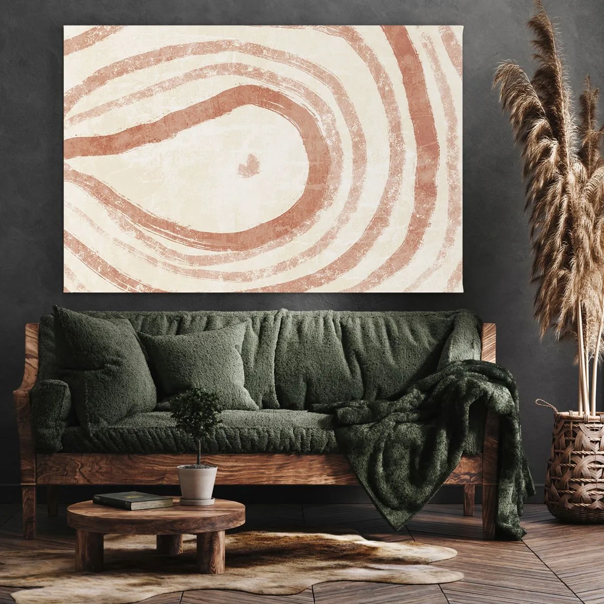 Canvastavla - Bild på duk - Ett abstrakt motiv av koncentriska linjer i terrakottafärgade nyanser. - 70x50cm - Korallringar - komposition - Modern väggdekoration för vardagsrum och sovrum ARTTOR
