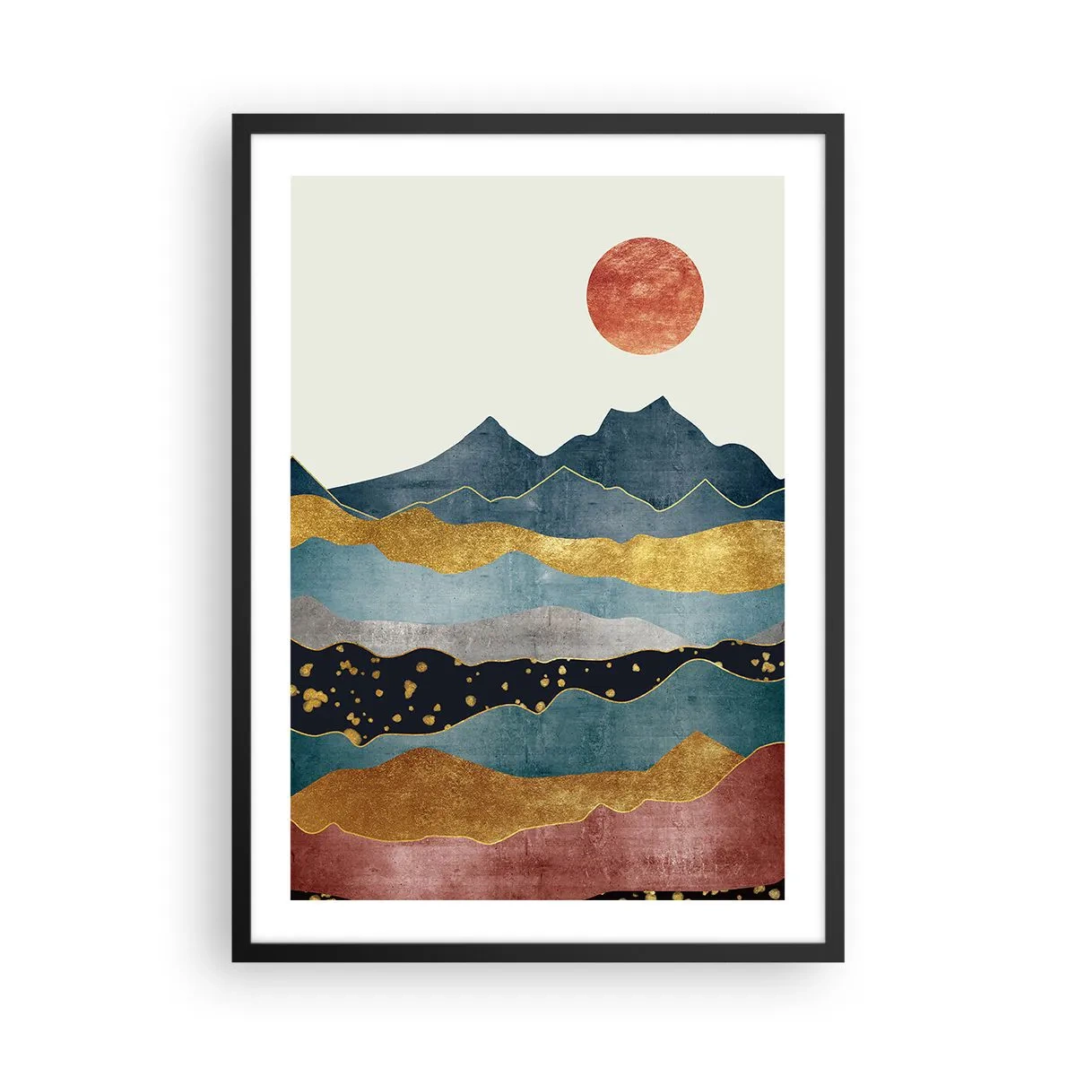 Affisch i svart ram - Abstrakta berg i nyanser av guld, blått och rött - 50x70cm - Världens tvärsektion - Modern väggdekoration för vardagsrum och sovrum ARTTOR