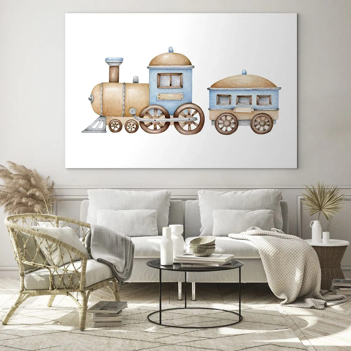 Glastavla - Bild på glas - Illustration av ett ånglok i nyanser av blått och beige mot vit bakgrund - 70x50cm - Stående vid stationen... - Modern väggdekoration för vardagsrum och sovrum ARTTOR