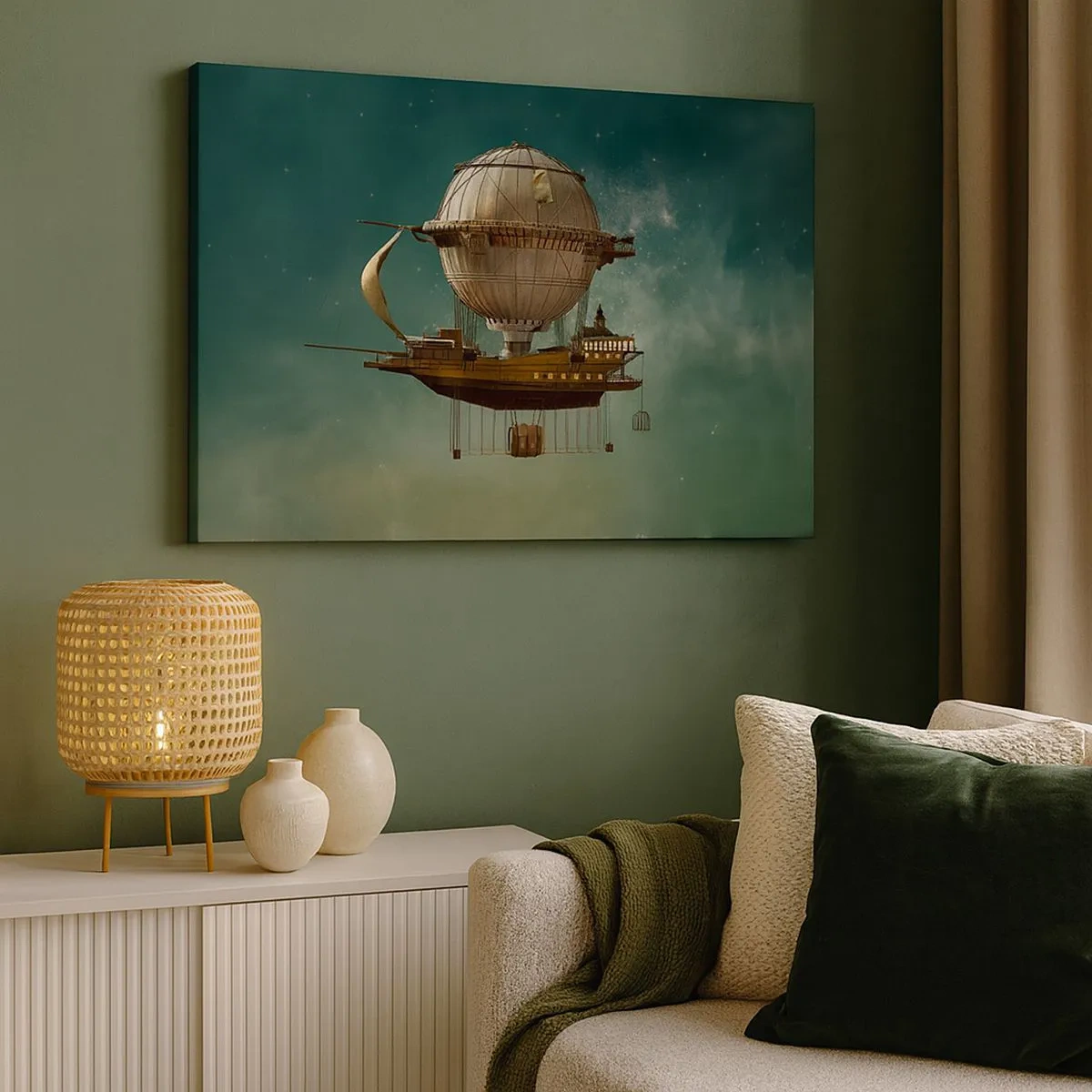 Canvastavla - Bild på duk - Ett fantastiskt luftskepp mot den grönaktiga himlen - 70x50cm - Jules Verne hälsar - Modern väggdekoration för vardagsrum och sovrum ARTTOR