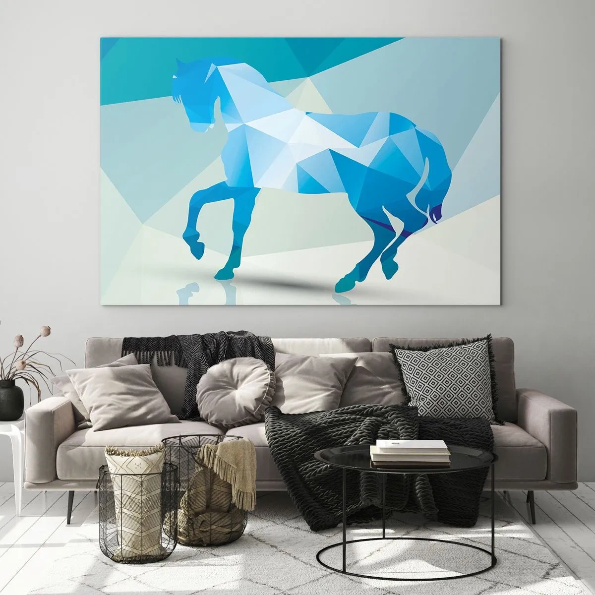 Glastavla - Bild på glas - Geometrisk häst i nyanser av blått och vitt - 70x50cm - Geometrisk häst i turkos - Modern väggdekoration för vardagsrum och sovrum ARTTOR