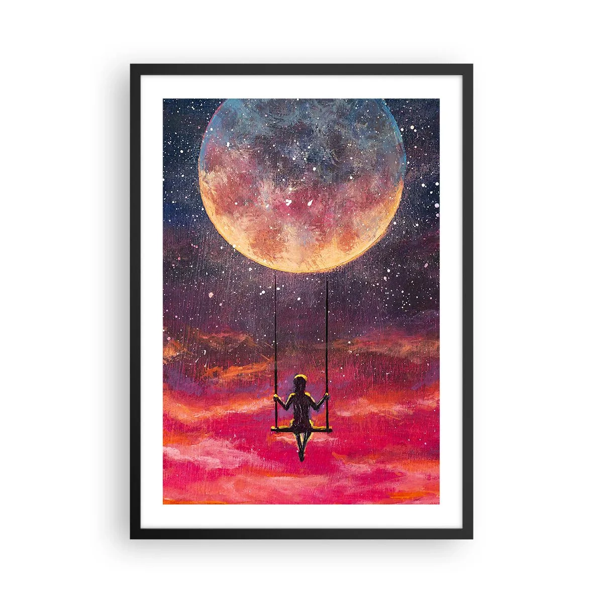 Affisch i svart ram - Flicka på en gunga under fullmånen - 50x70cm - Sväva i molnen - Modern väggdekoration för vardagsrum och sovrum ARTTOR