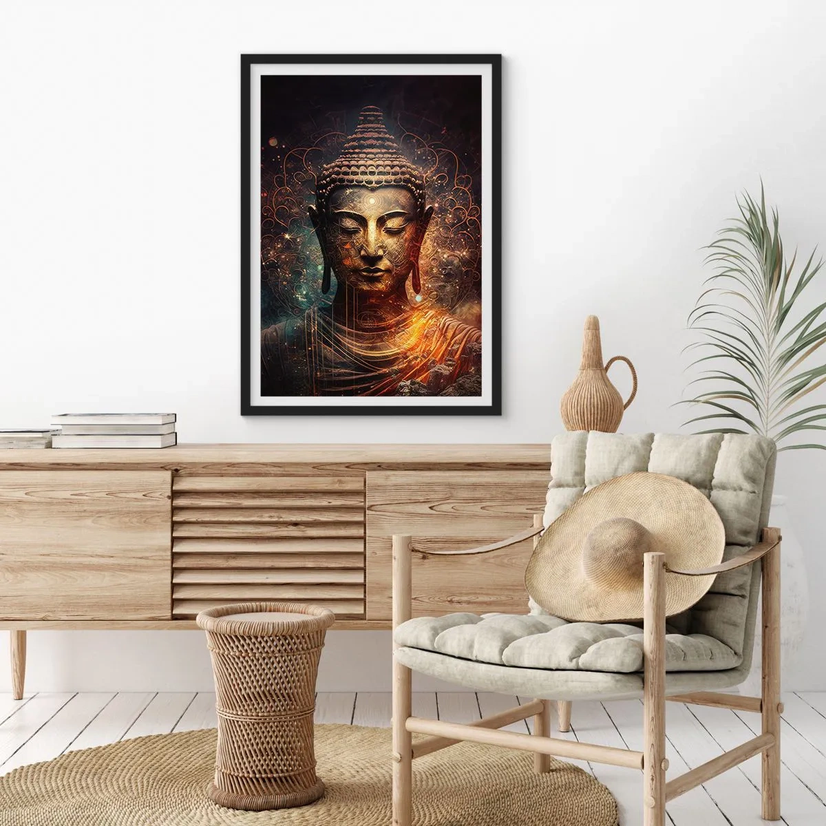 Affisch i svart ram - Mystisk bild av Buddha i gyllene nyanser - 50x70cm - Andlig balans - Modern väggdekoration för vardagsrum och sovrum ARTTOR