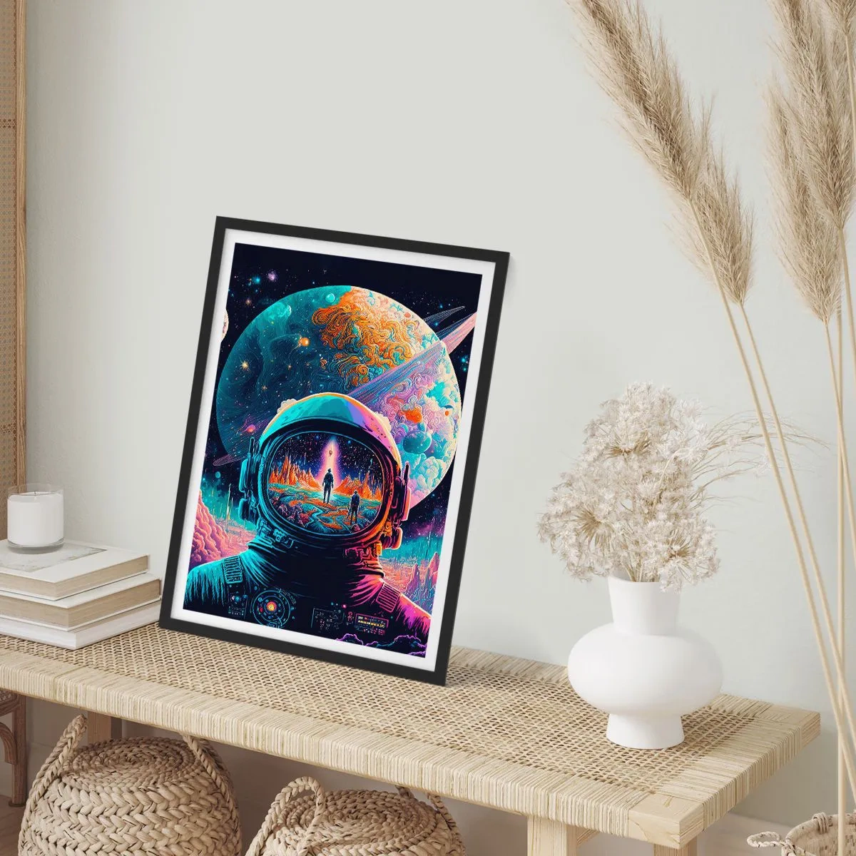 Affisch i svart ram - Astronaut mot bakgrund av ett kosmiskt landskap - 50x70cm - Filosofer har aldrig drömt - Modern väggdekoration för vardagsrum och sovrum ARTTOR