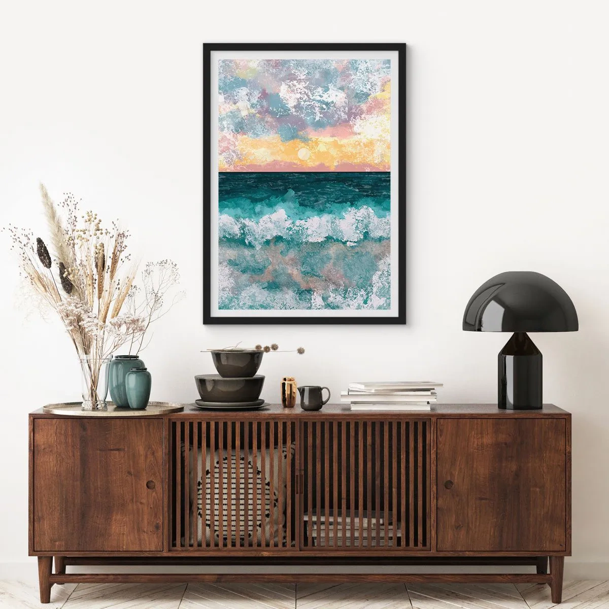 Affisch i svart ram - Havsvågor och solnedgång i akvarellstil - 50x70cm - Vatten, ljus, luft - Modern väggdekoration för vardagsrum och sovrum ARTTOR