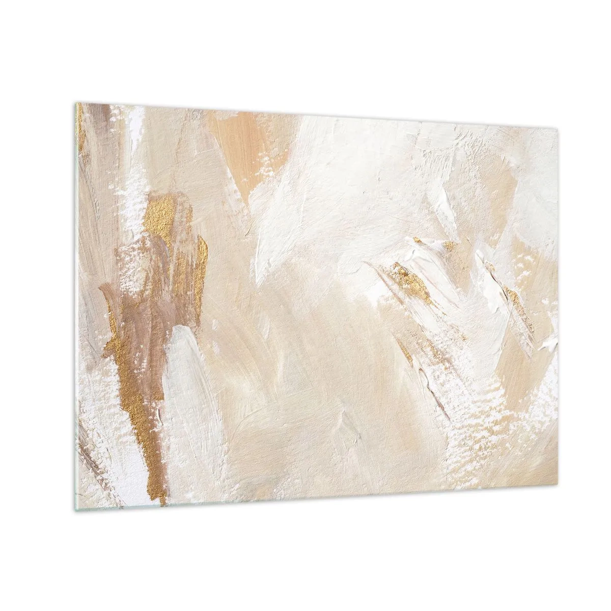 Glastavla - Bild på glas - Beige och vit abstraktion med guldfärgade accenter - 70x50cm - Pastellfärgad komposition - Modern väggdekoration för vardagsrum och sovrum ARTTOR