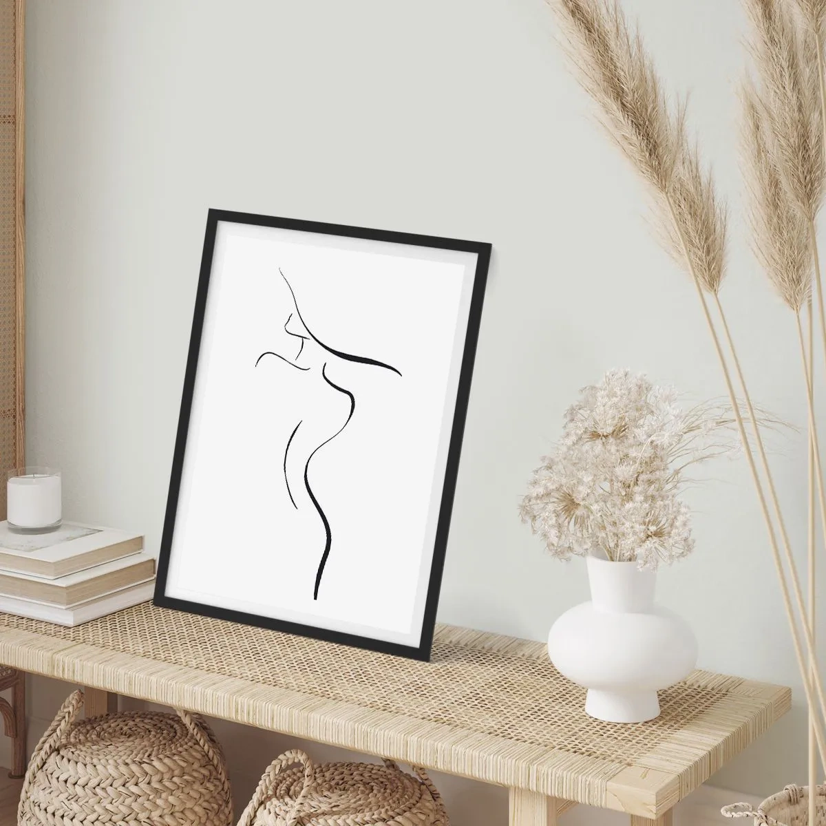 Affisch i svart ram - En minimalistisk silhuett av en kvinna ritad med en svart linje. - 50x70cm - Svårfångad som en våg - Modern väggdekoration för vardagsrum och sovrum ARTTOR