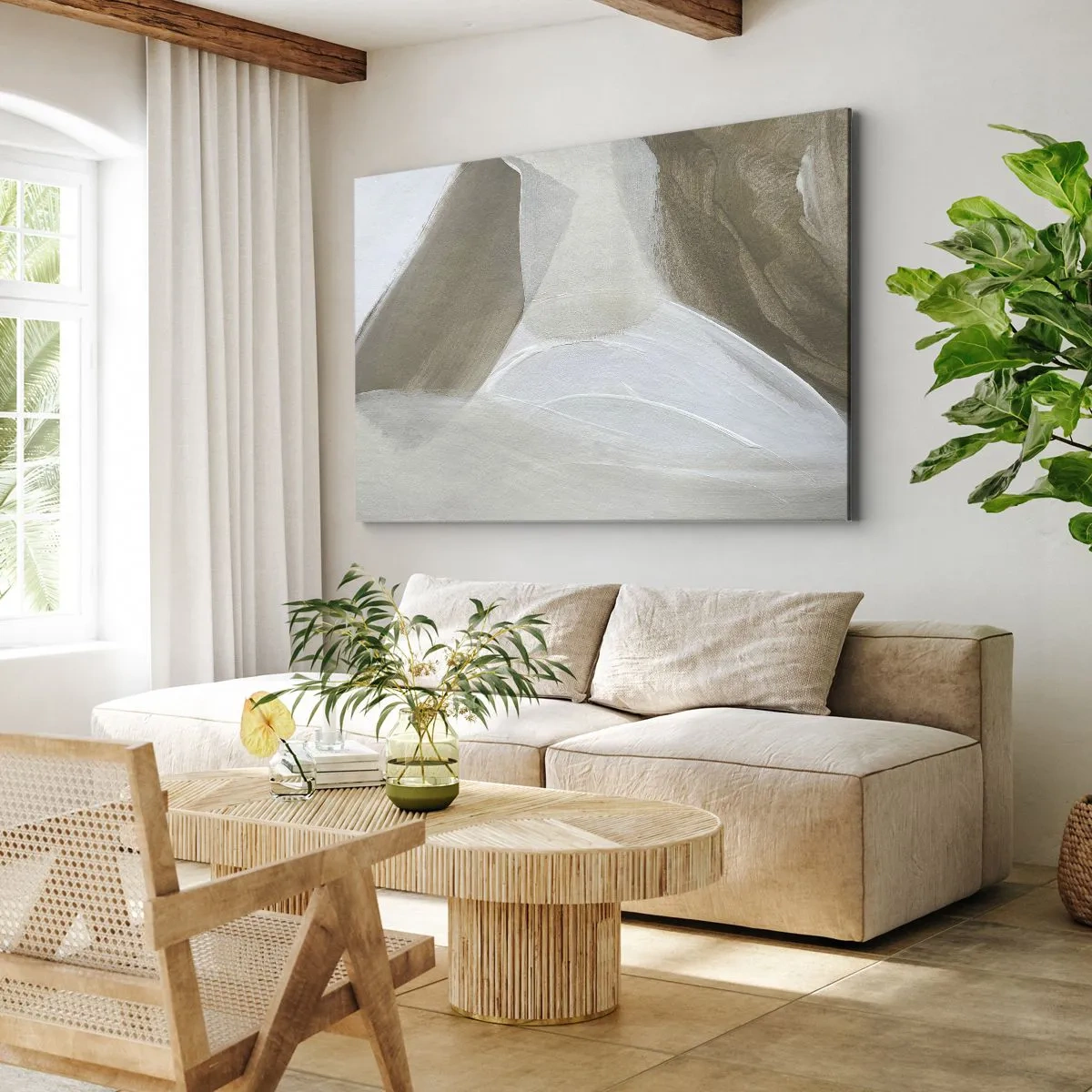 Canvastavla - Bild på duk - Delikat abstraktion i nyanser av beige och vitt - 70x50cm - Våg av vitt - Modern väggdekoration för vardagsrum och sovrum ARTTOR