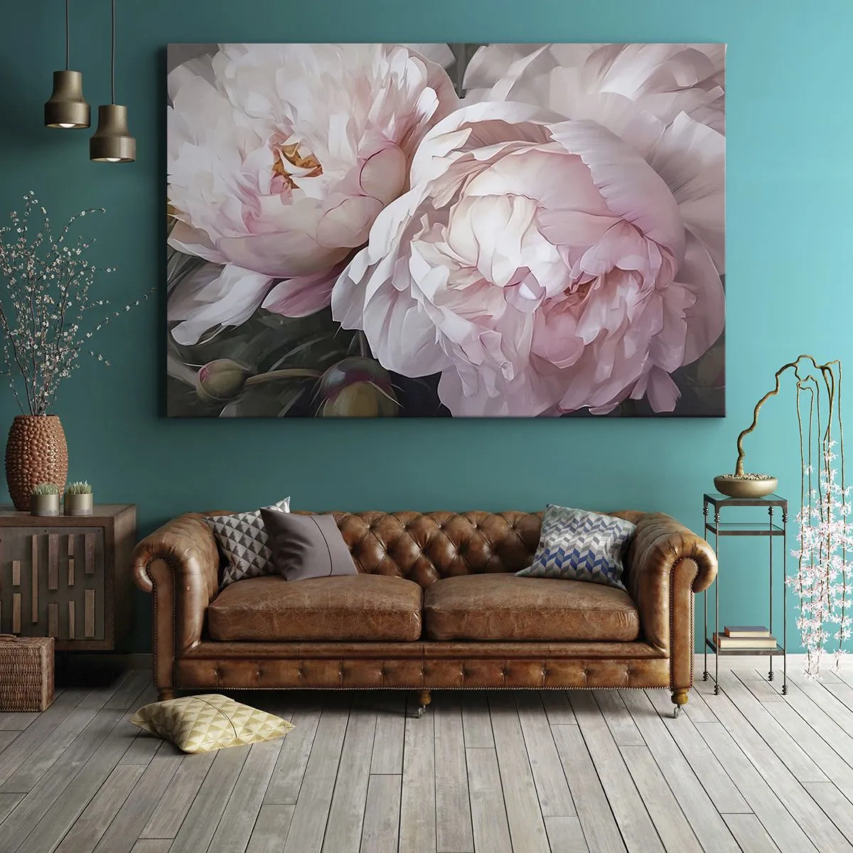 Canvastavla - Bild på duk - Fina rosa pioner i full blom - 70x50cm - Fast i blomning - Modern väggdekoration för vardagsrum och sovrum ARTTOR