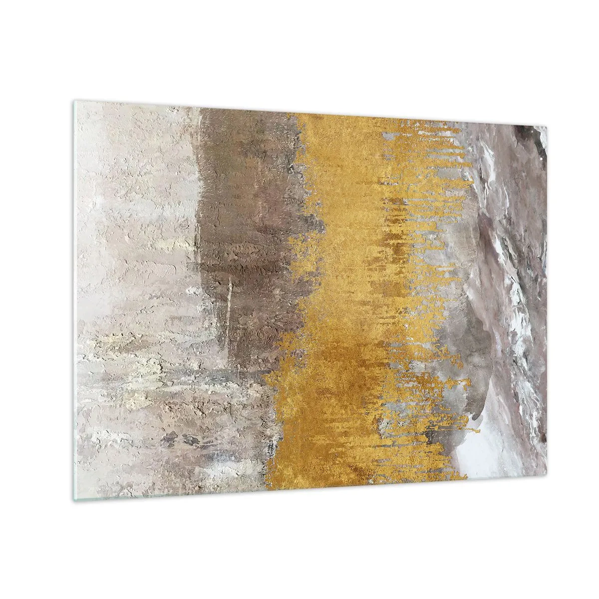Glastavla - Bild på glas - Gyllene och jordnära strukturer skapar dynamisk abstraktion - 70x50cm - En gyllene explosion - Modern väggdekoration för vardagsrum och sovrum ARTTOR