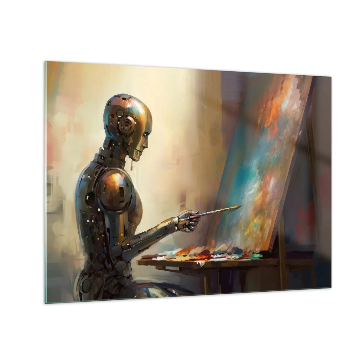 Glastavla - Bild på glas - En robot som målar en tavla vid ett staffli - 70x50cm - Framtidens konst - Modern väggdekoration för vardagsrum och sovrum ARTTOR