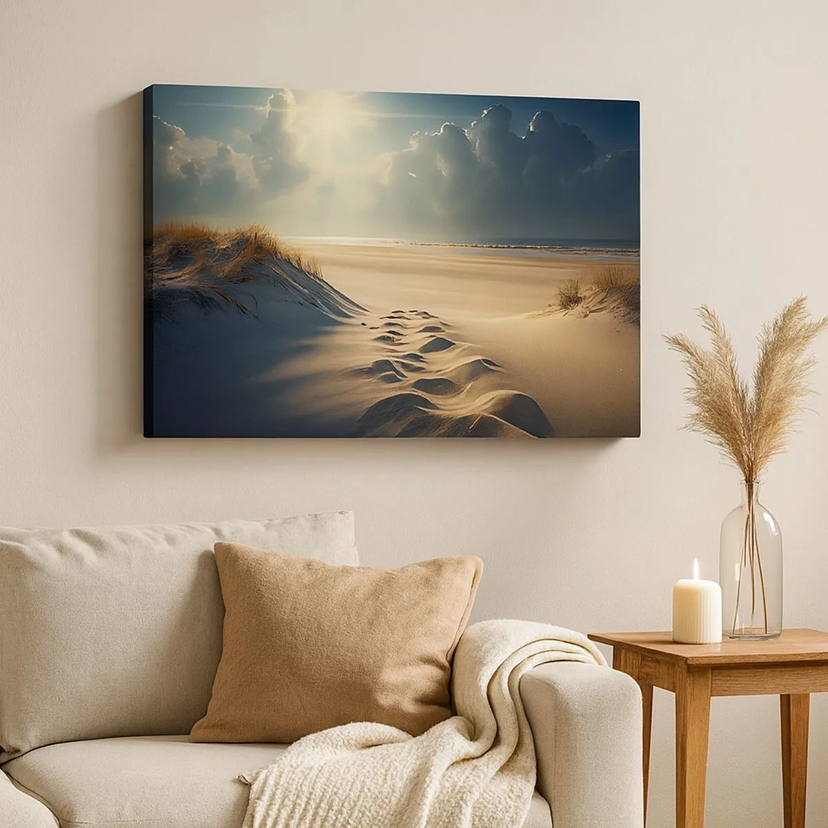 Canvastavla - Bild på duk - Gyllene sanddyner på stranden vid solnedgången med utsikt över havet - 70x50cm - Lugnande landskap - Modern väggdekoration för vardagsrum och sovrum ARTTOR