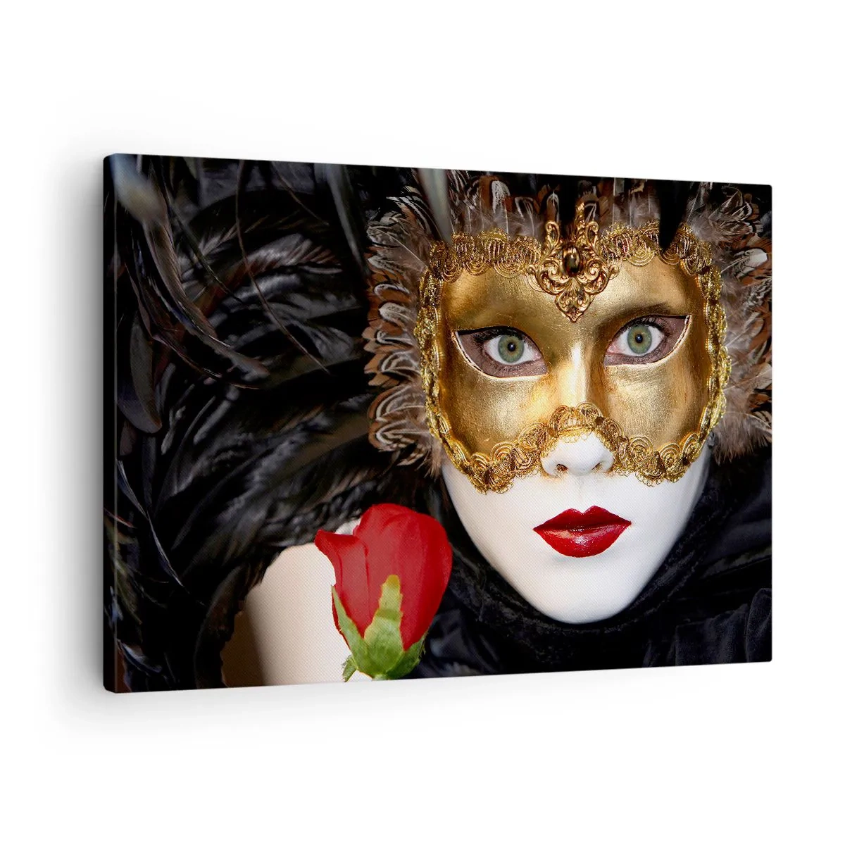 Canvastavla - Bild på duk - Guldfärgad venetiansk mask med fjädrar och en röd ros, mystiskt motiv. - 70x50cm - För livet är en stor fest - Modern väggdekoration för vardagsrum och sovrum ARTTOR