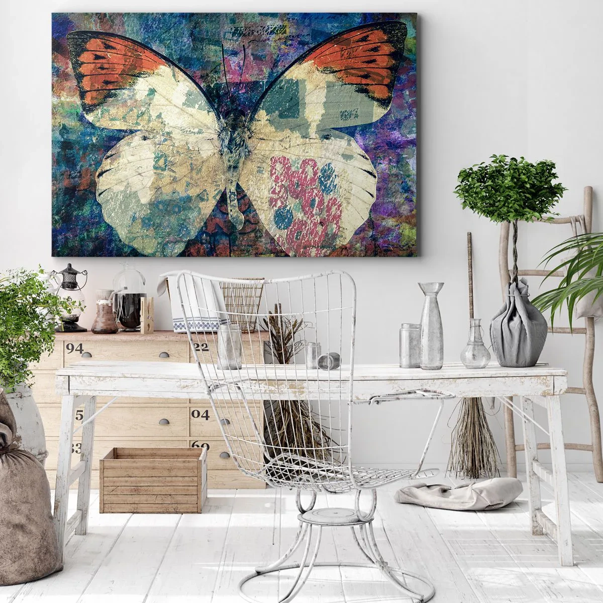 Canvastavla - Bild på duk - Fjäril i en abstrakt konstnärlig bakgrund med färgglada detaljer - 70x50cm - Subtil bräcklighet - Modern väggdekoration för vardagsrum och sovrum ARTTOR