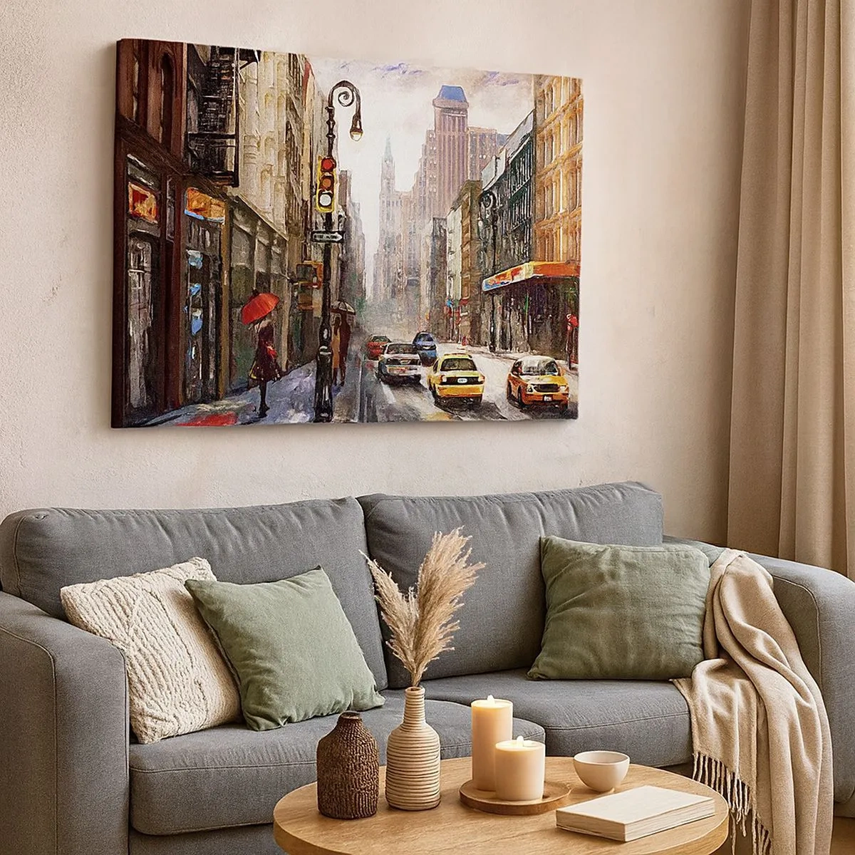 Canvastavla - Bild på duk - Stadsbild med en gata och gula taxibilar - 70x50cm - New York - färgglad också i regnet - Modern väggdekoration för vardagsrum och sovrum ARTTOR
