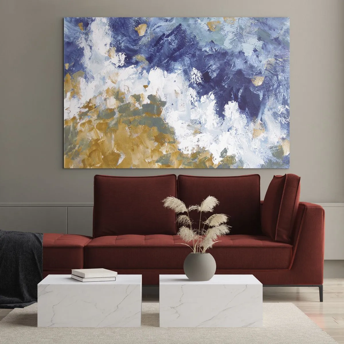 Glastavla - Bild på glas - Abstrakta penseldrag i blått, vitt och guld - 70x50cm - Elementens dans - Modern väggdekoration för vardagsrum och sovrum ARTTOR