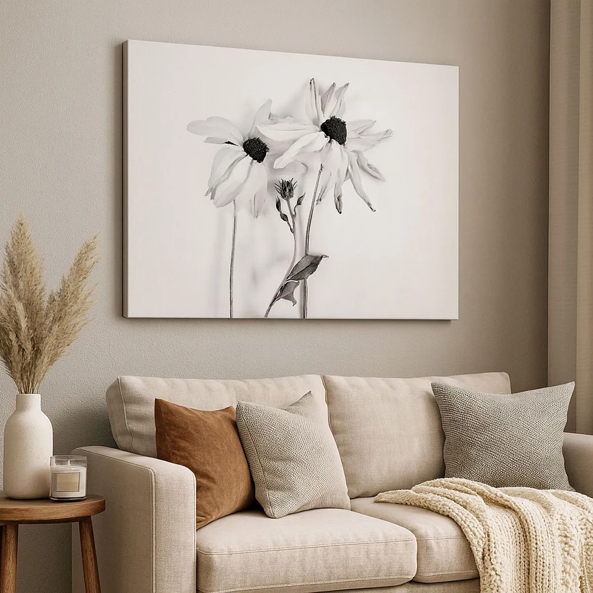 Canvastavla - Bild på duk - Svartvita blommor med en subtil komposition - 70x50cm - Ingen vill vara ensam - Modern väggdekoration för vardagsrum och sovrum ARTTOR