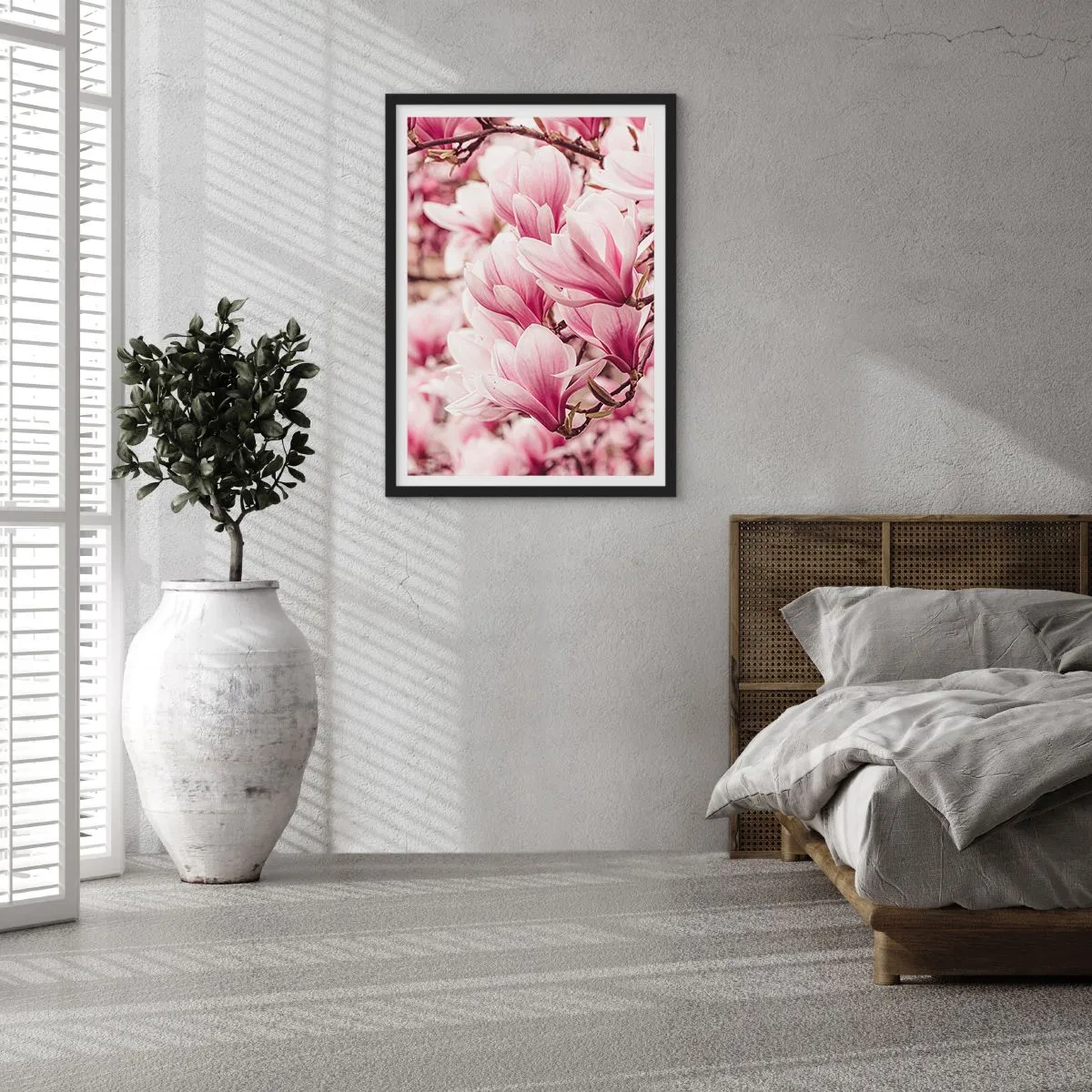 Affisch i svart ram - Romantiskt blommande magnolior i delikat rosa - 50x70cm - Våren är rosa - Modern väggdekoration för vardagsrum och sovrum ARTTOR