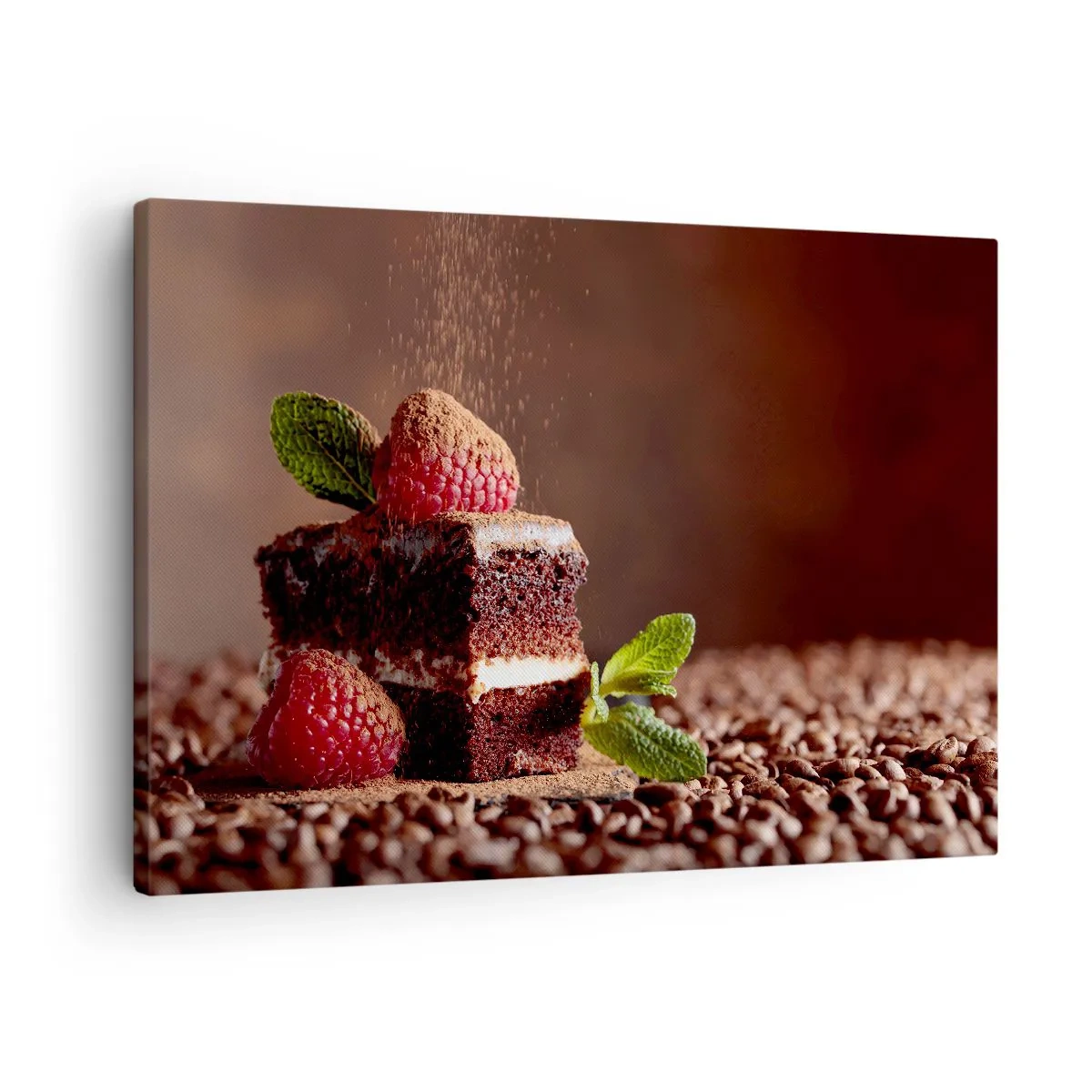 Canvastavla - Bild på duk - Chokladkaka med hallon och mynta på en bakgrund av kakaobönor - 70x50cm - Livet är ljuvt - Modern väggdekoration för vardagsrum och sovrum ARTTOR