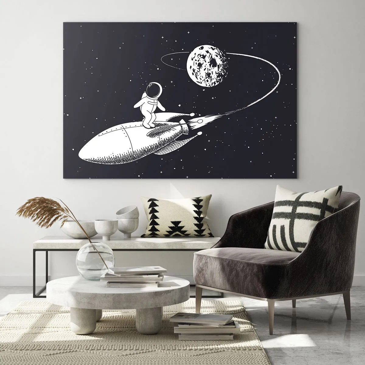 Glastavla - Bild på glas - Tecknad astronaut som surfar i rymden på en raket - 70x50cm - Rymdsurfare - Modern väggdekoration för vardagsrum och sovrum ARTTOR