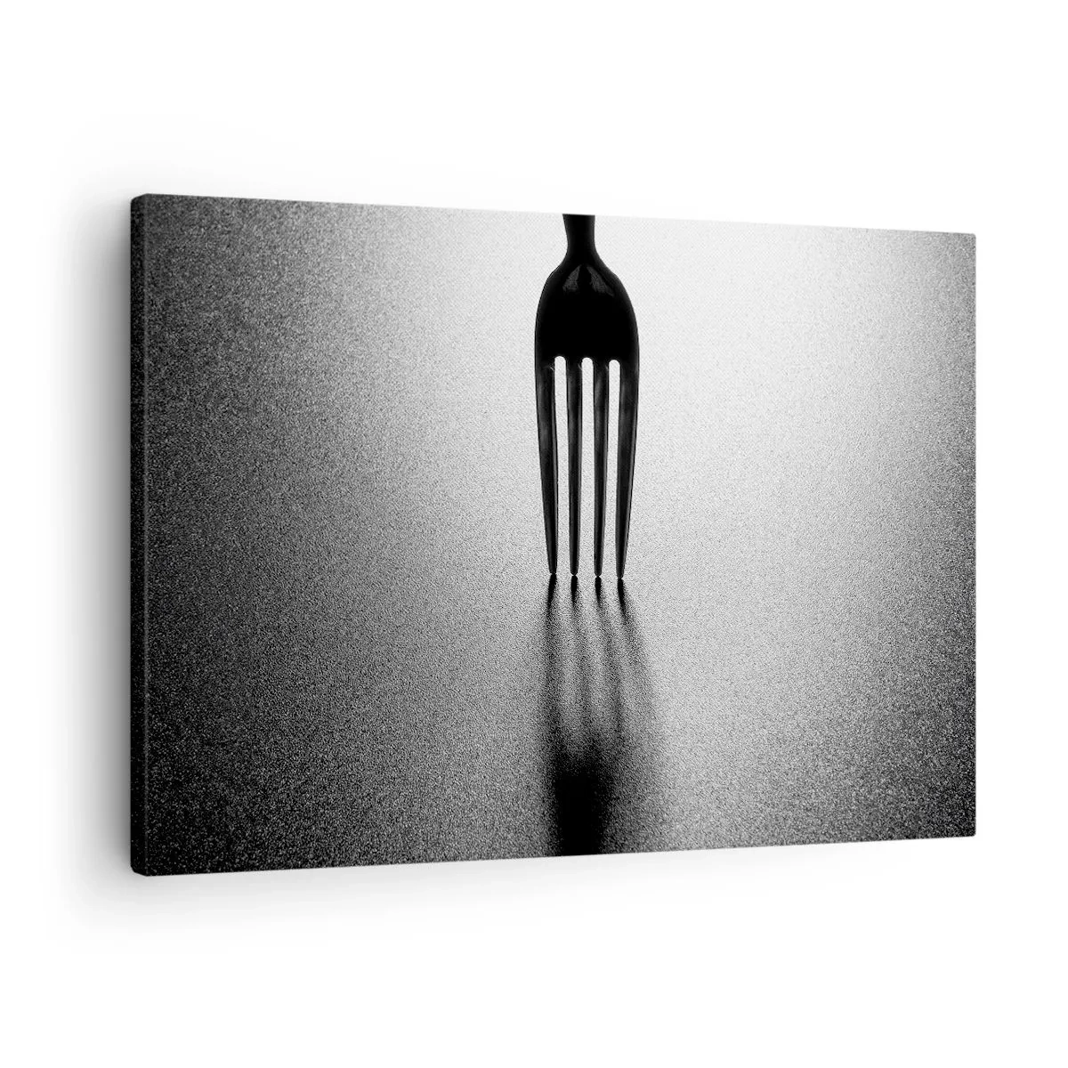 Canvastavla - Bild på duk - En minimalistisk tolkning av en gaffel i svartvitt med skuggspel. - 70x50cm - Ljus och skugga - Modern väggdekoration för vardagsrum och sovrum ARTTOR
