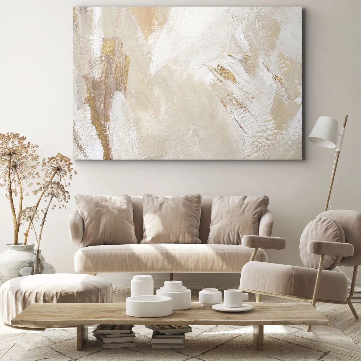 Canvastavla - Bild på duk - Delikata abstrakta toner i nyanser av beige och guld - 70x50cm - Pastellfärgad komposition - Modern väggdekoration för vardagsrum och sovrum ARTTOR