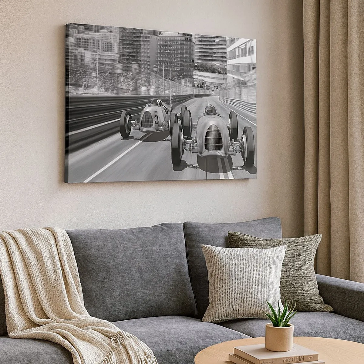 Canvastavla - Bild på duk - Monokrom retro bilrace scen - 70x50cm - För länge sedan i Monte Carlo - Modern väggdekoration för vardagsrum och sovrum ARTTOR