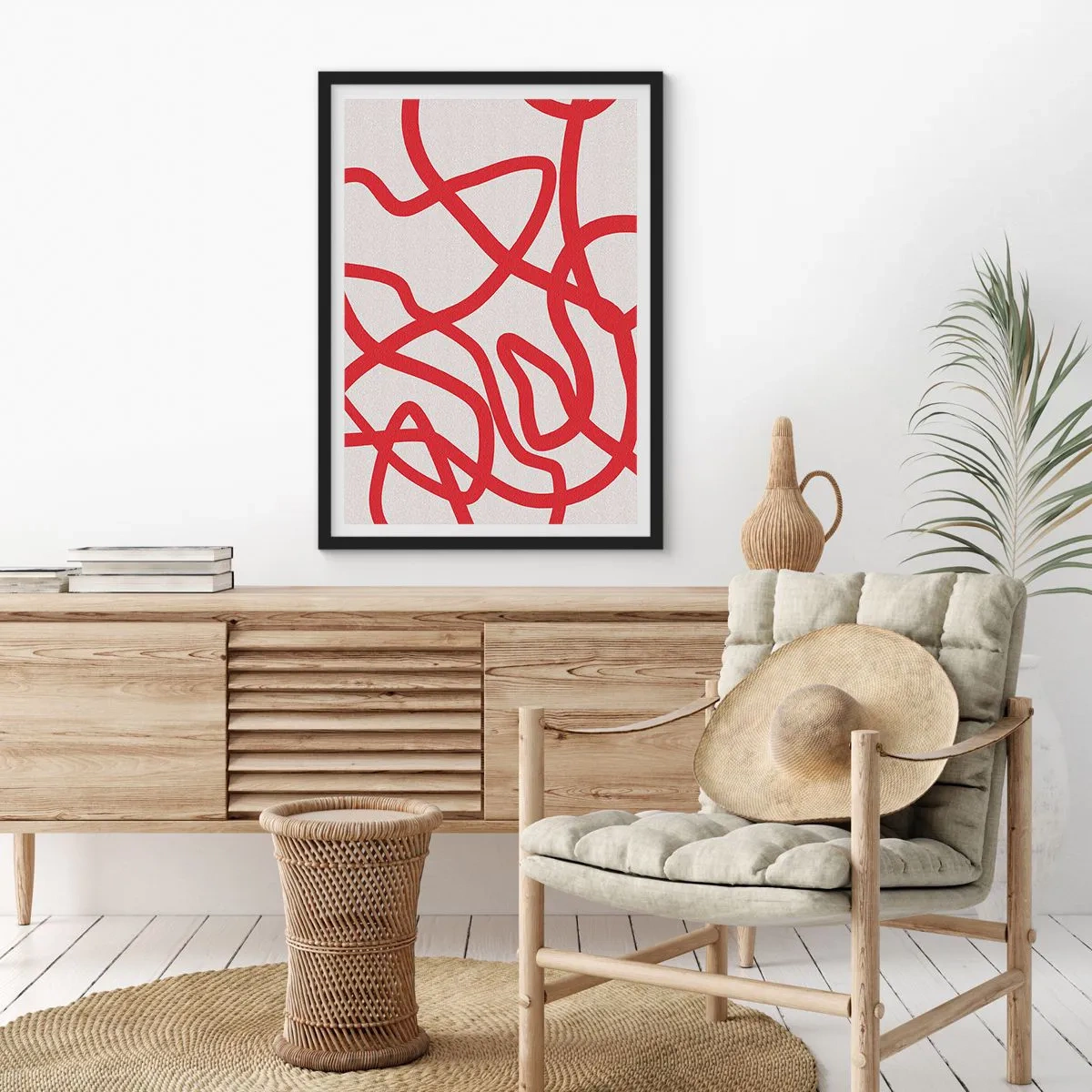 Affisch i svart ram - Abstrakt komposition av dynamiska röda linjer på en ljus bakgrund. - 50x70cm - Rött på vitt - Modern väggdekoration för vardagsrum och sovrum ARTTOR