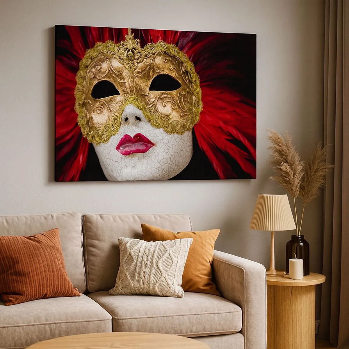 Canvastavla - Bild på duk - Guldfärgad venetiansk mask med röda fjädrar - 70x50cm - Ett löfte om karnevaläventyr - Modern väggdekoration för vardagsrum och sovrum ARTTOR