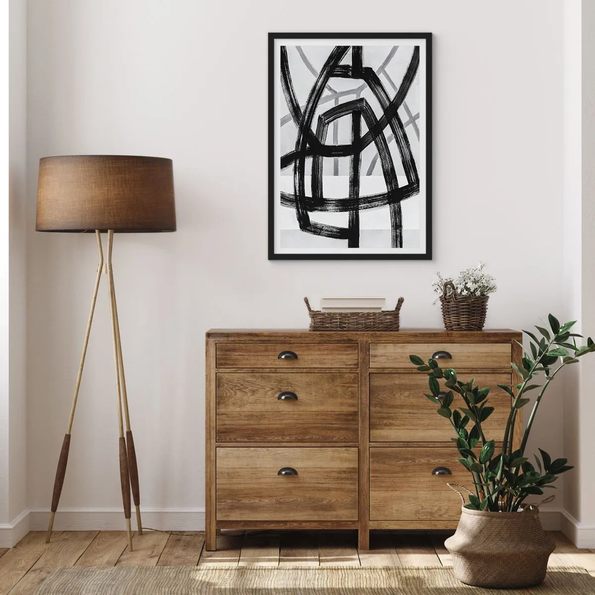Affisch i svart ram - Geometriska svarta linjer på en ljus bakgrund i en abstrakt komposition - 50x70cm - Att skapa djupet - Modern väggdekoration för vardagsrum och sovrum ARTTOR