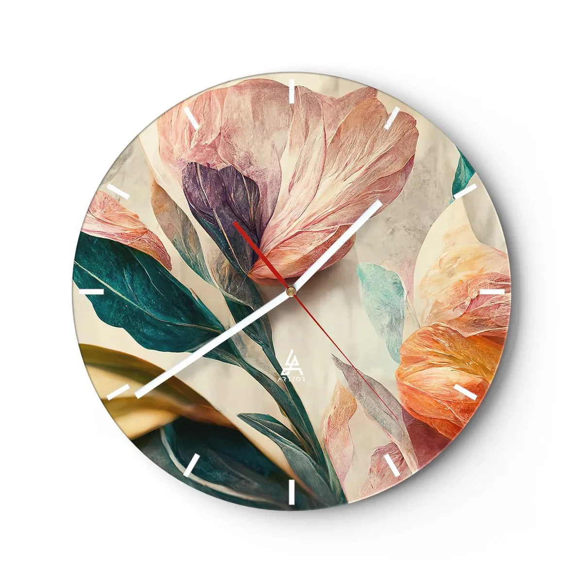 Väggklocka - Klocka på glas - Färgglada tropiska blommor i målerisk stil mot en ljus bakgrund - 30x30cm - Blommor av de södra öarna - Modern väggdekoration för vardagsrum, kök och sovrum ARTTOR