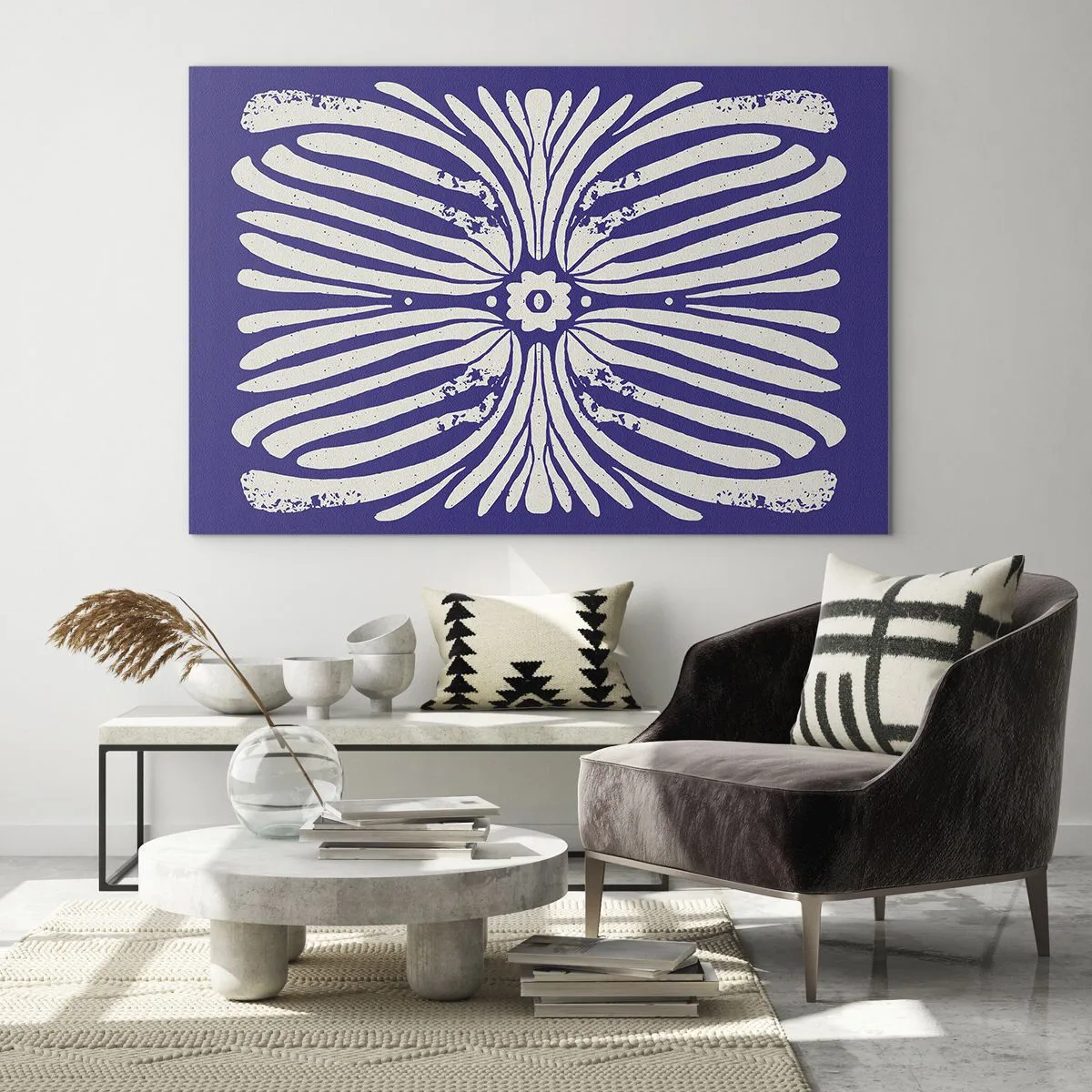 Glastavla - Bild på glas - Symmetriskt etniskt mönster på en lila bakgrund - 70x50cm - Etnisk inspiration - Modern väggdekoration för vardagsrum och sovrum ARTTOR