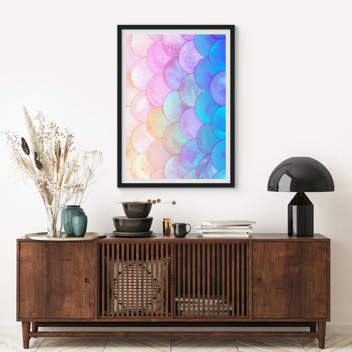 Affisch i svart ram - En pastellkomposition som liknar fjäll i regnbågens nyanser - 50x70cm - Pärlskal - Modern väggdekoration för vardagsrum och sovrum ARTTOR