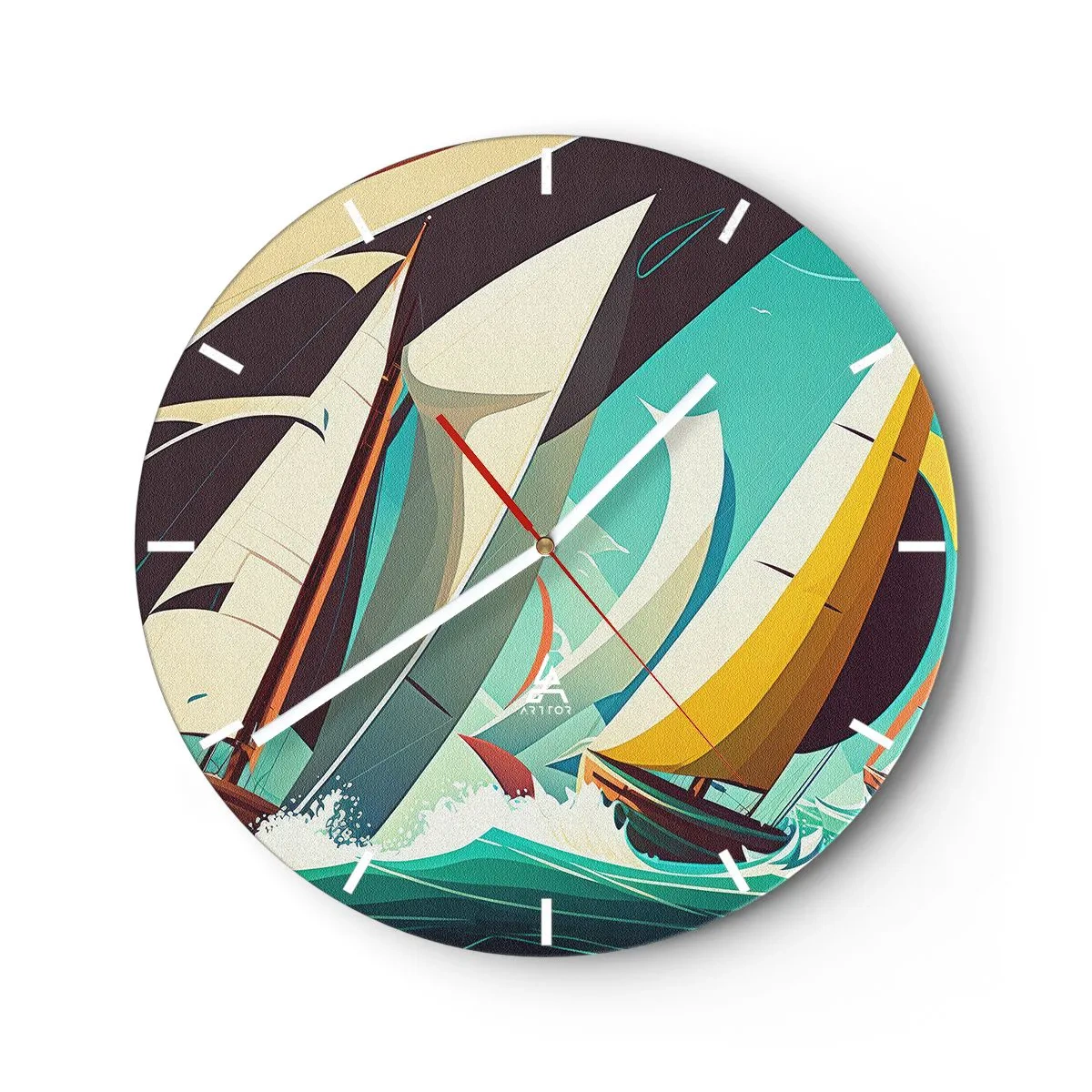 Väggklocka - Klocka på glas - Segelbåtar i grafisk stil på ett stormigt turkost hav - 30x30cm - Icke rädda för elementen - Modern väggdekoration för vardagsrum, kök och sovrum ARTTOR