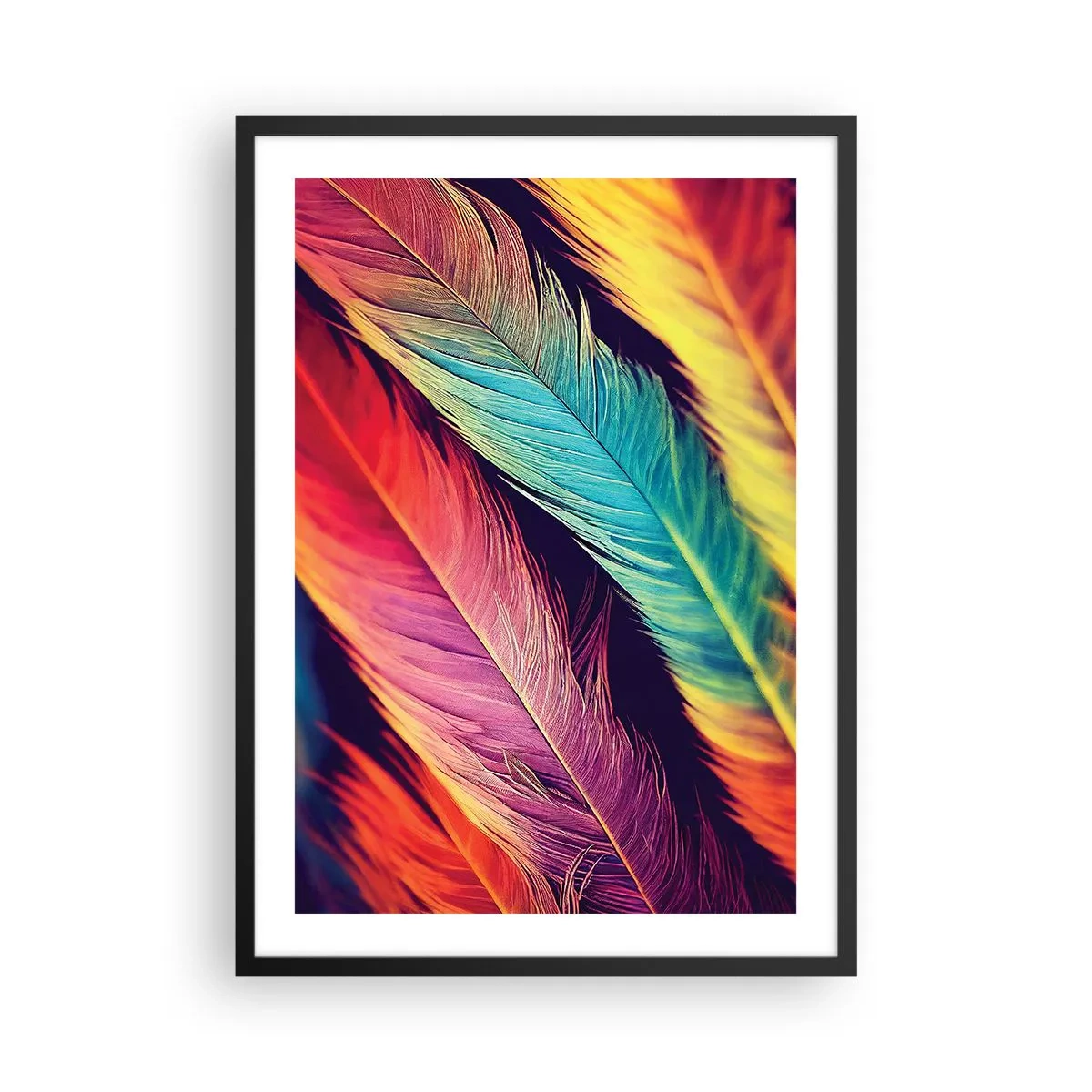 Affisch i svart ram - Färgglada fjädrar i livfulla nyanser mot en mörk bakgrund - 50x70cm - Fjäderlik regnbåge - Modern väggdekoration för vardagsrum och sovrum ARTTOR