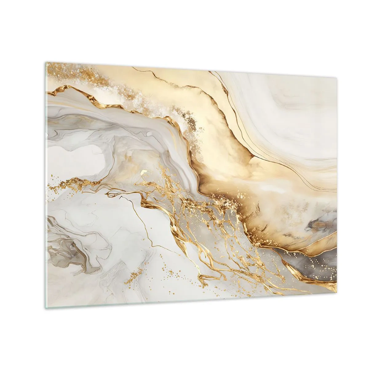 Glastavla - Bild på glas - Guld- och beige abstrakta ränder på en ljus bakgrund - 70x50cm - Abstraktion: skönhet och godhet - Modern väggdekoration för vardagsrum och sovrum ARTTOR