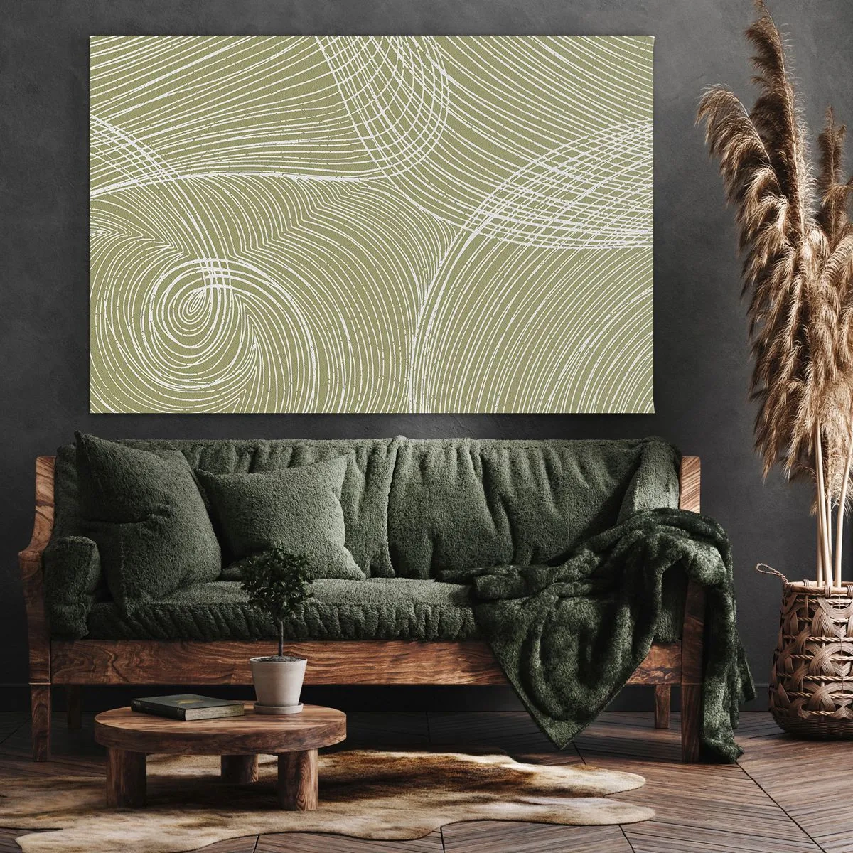 Canvastavla - Bild på duk - Gröna och vita linjer i en abstrakt komposition - 70x50cm - Intrikat abstraktion i vitt - Modern väggdekoration för vardagsrum och sovrum ARTTOR