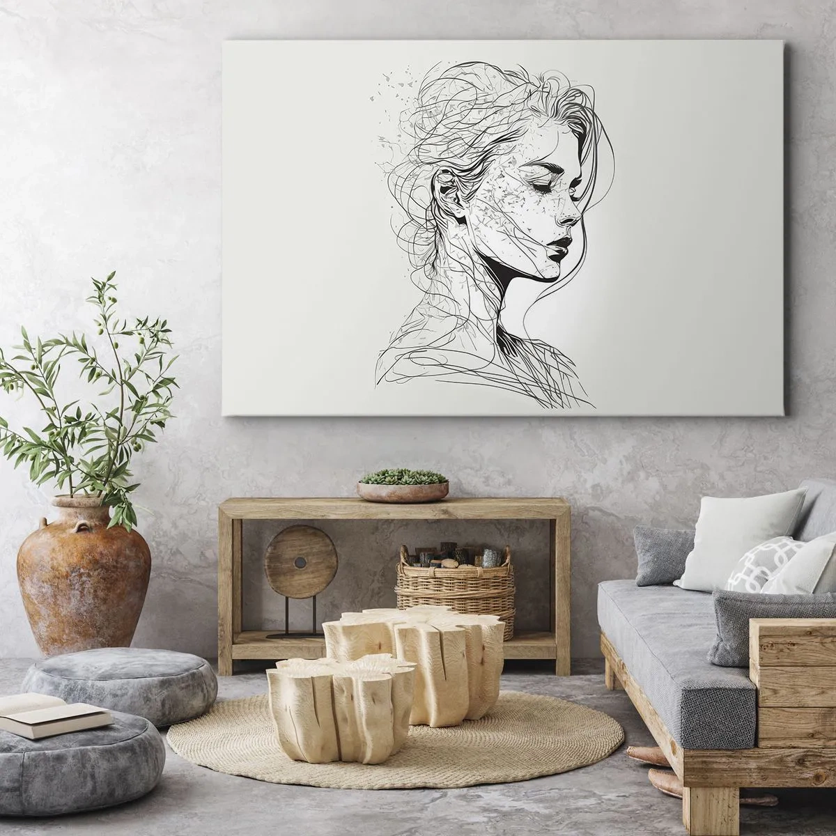 Canvastavla - Bild på duk - Ett delikat porträtt av en kvinna i minimalistisk grafisk stil. - 70x50cm - Porträtt i drömmar - Modern väggdekoration för vardagsrum och sovrum ARTTOR