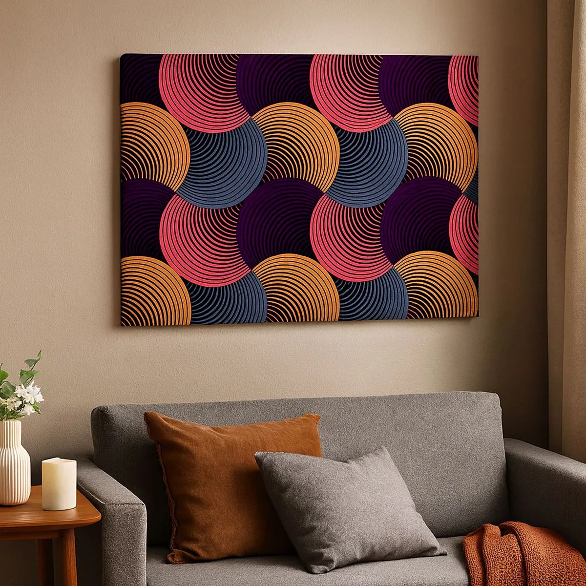 Canvastavla - Bild på duk - Geometriska cirklar i nyanser av rosa, lila och guld - 70x50cm - I en cirkulär rytm - Modern väggdekoration för vardagsrum och sovrum ARTTOR