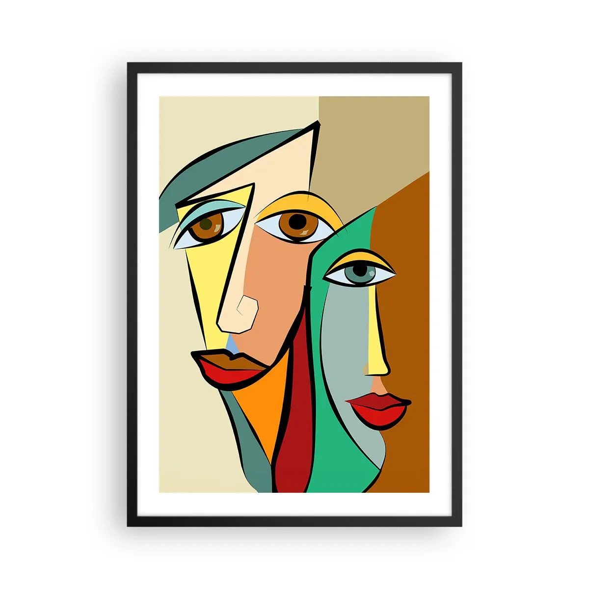 Affisch i svart ram - Abstrakta kubistiska ansikten i varma färger - 50x70cm - Kubistiskt par - Modern väggdekoration för vardagsrum och sovrum ARTTOR