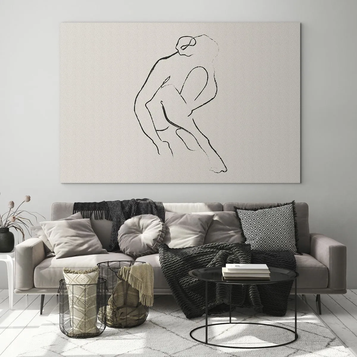 Glastavla - Bild på glas - En minimalistisk skiss av en kvinnlig silhuett i sittande position. - 70x50cm - Intim skiss - Modern väggdekoration för vardagsrum och sovrum ARTTOR