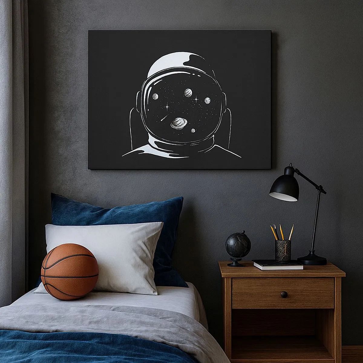 Canvastavla - Bild på duk - En minimalistisk astronauthjälm med utsikt över rymden - 70x50cm - Fin utsikt - Modern väggdekoration för vardagsrum och sovrum ARTTOR