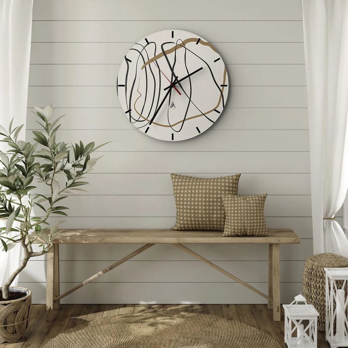 Väggklocka - Klocka på glas - Abstrakta, dansande linjer mot en ljus bakgrund - 30x30cm - Komposition: besittande dans - Modern väggdekoration för vardagsrum, kök och sovrum ARTTOR