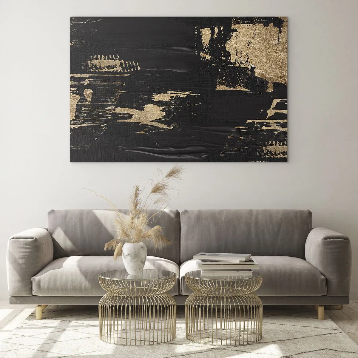 Glastavla - Bild på glas - Svart och guld abstraktion med en penseldragsliknande textur - 70x50cm - Ett spår av beröring - Modern väggdekoration för vardagsrum och sovrum ARTTOR