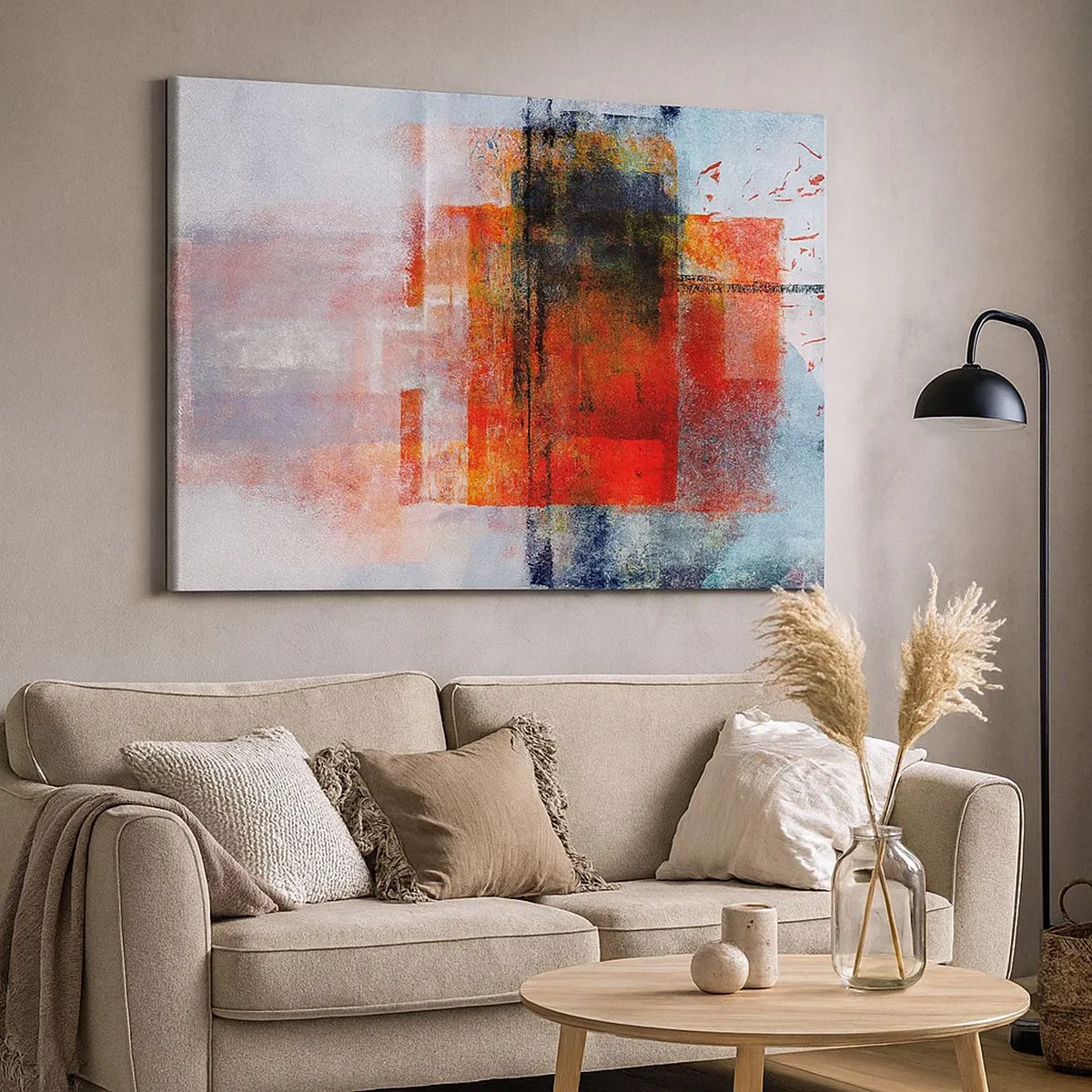 Canvastavla - Bild på duk - Abstrakt geometrisk komposition med röda och orange accenter - 70x50cm - Glödande komposition - Modern väggdekoration för vardagsrum och sovrum ARTTOR