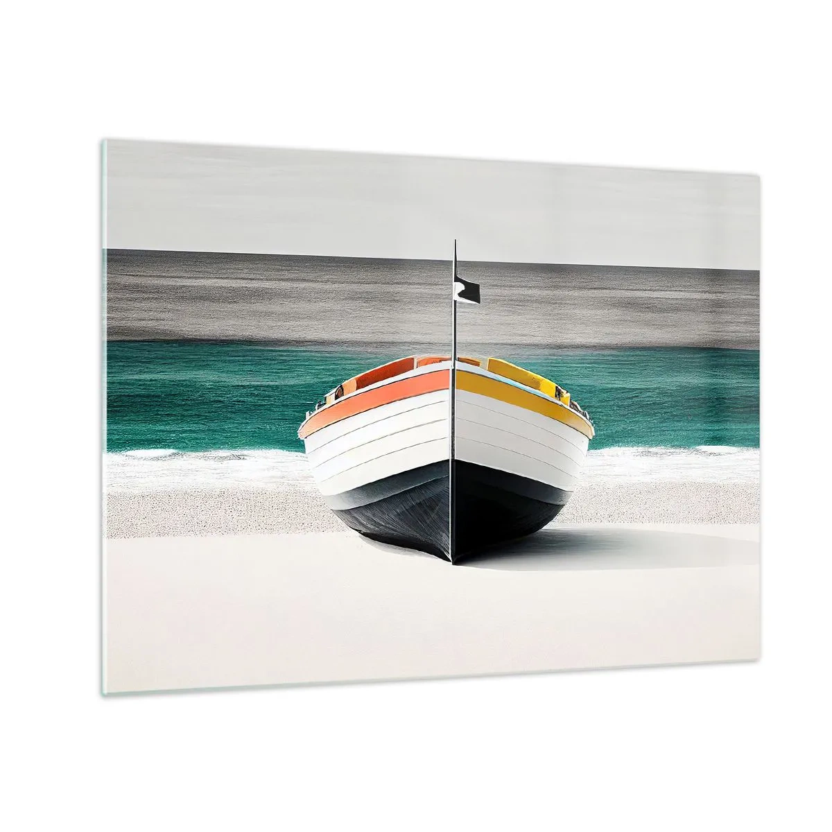 Glastavla - Bild på glas - En färgglad båt på stranden med ett turkost hav i bakgrunden - 70x50cm - På sin plats - Modern väggdekoration för vardagsrum och sovrum ARTTOR