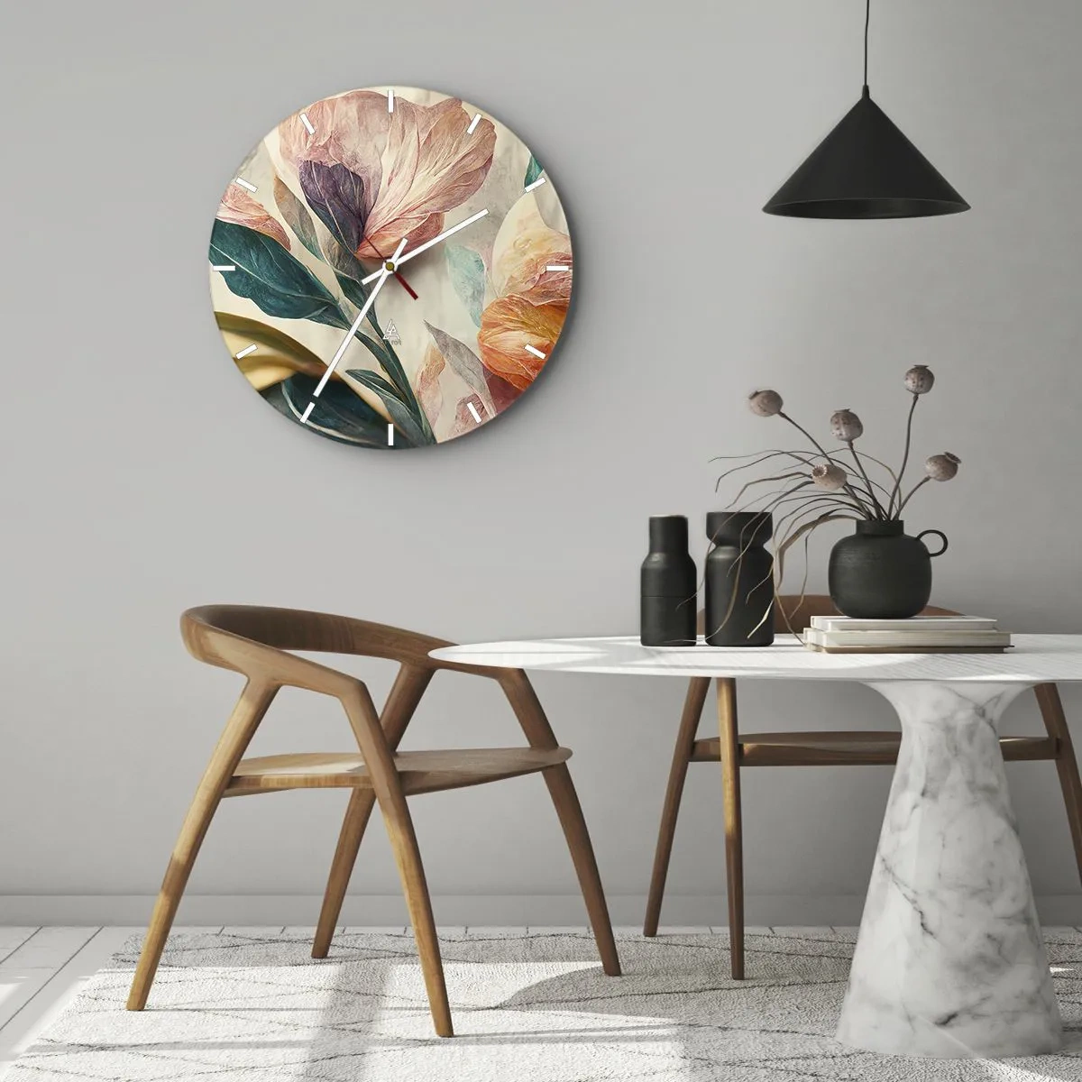 Väggklocka - Klocka på glas - Färgglada tropiska blommor i målerisk stil mot en ljus bakgrund - 30x30cm - Blommor av de södra öarna - Modern väggdekoration för vardagsrum, kök och sovrum ARTTOR